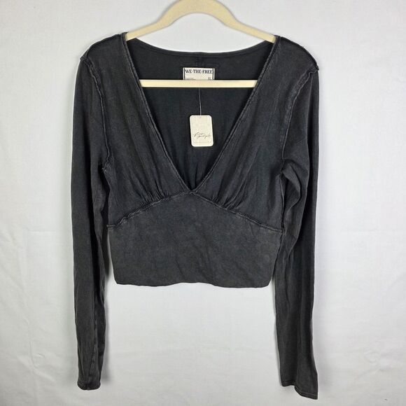 NWT Free People Ivy Reverse Seam V-neck Long Sleeved Top Size XL Neutral Y2K - Picture 2 of 7